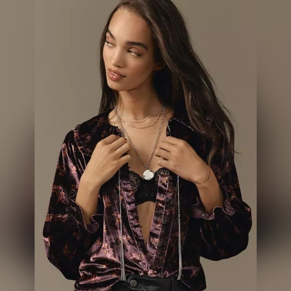 Anthropologie Keira Collared Velvet Button Up Blouse In Dark Purple